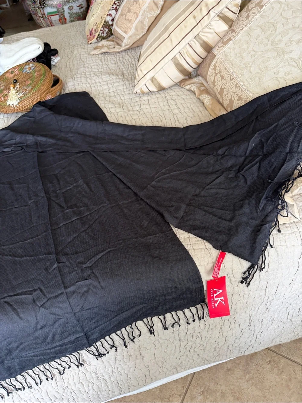 Anne Klein Black cashmere silk blend Scarf with fringe NWT